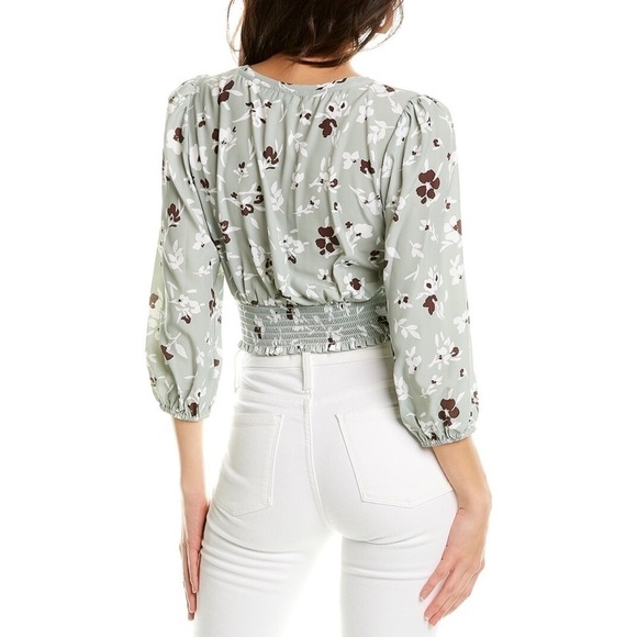 WILLOW 70s Sage Floral Print Wrap Tie Waist Puffed 3/4 Long Sleeve Crop Top XS - Picture 3 of 11